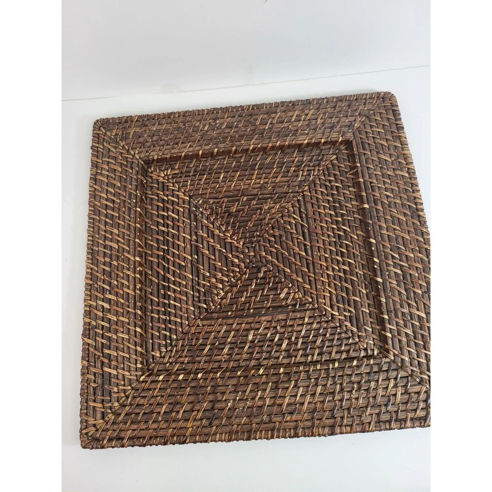 Set of 6 Vintage Woven Rattan Charger Plates 13in Square Dark Brown Wicker Boho